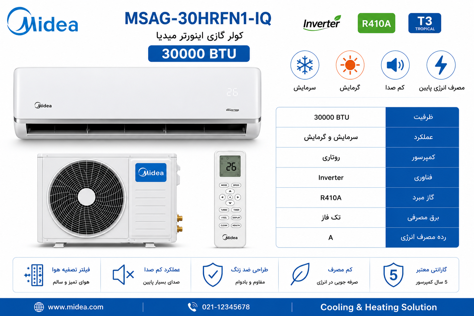 کولر گازی 30000 اینورتر میدیا مدل MSAG-30HRFN1-IQ